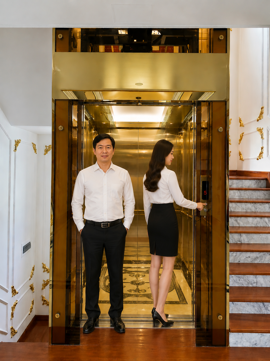 Thang máy gia đình cao cấp cửa kính màu vàng, hai người mặc công sở đứng trước và bên trong thang máy